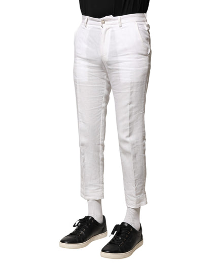 Dolce & Gabbana White Linen Mid Waist Cropped Pants