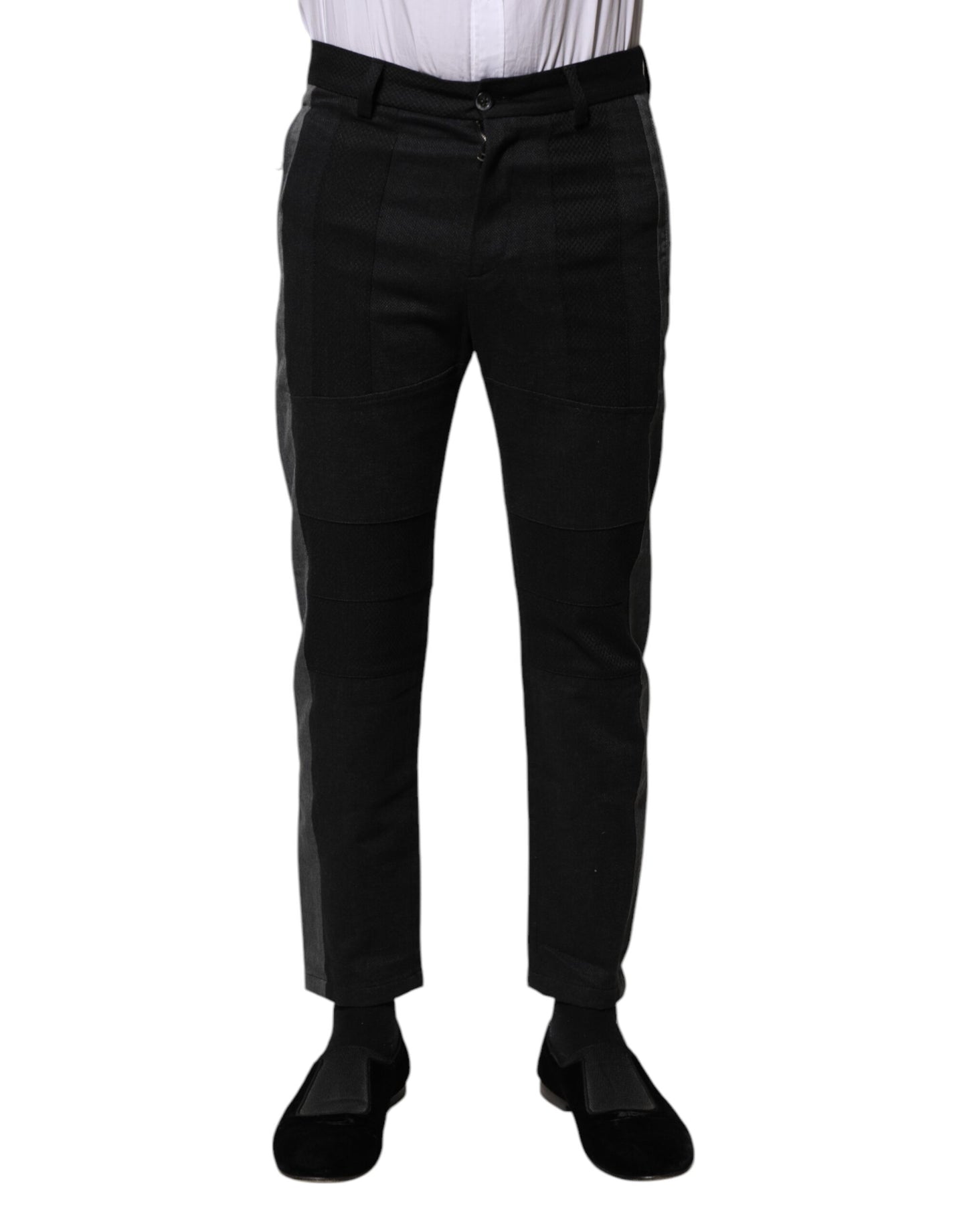Dolce &amp; Gabbana zwarte, grijs-gepatroneerde, formele, smalle broek van katoen