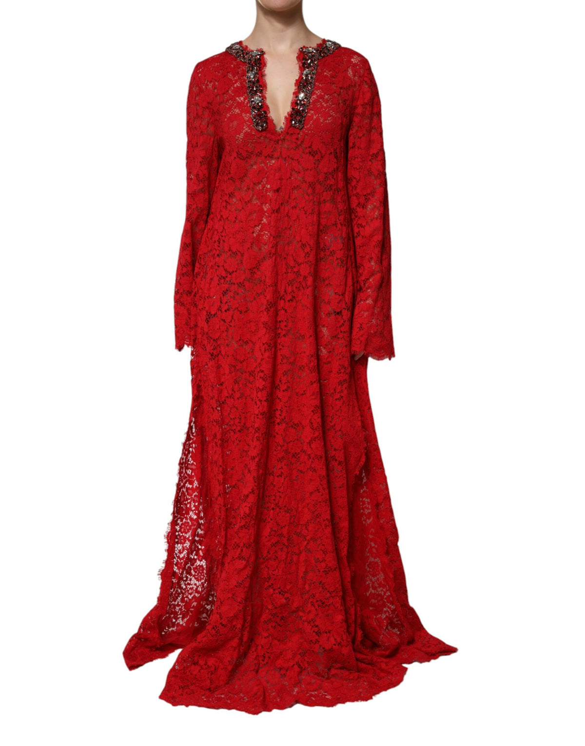 Robe en Dentelle Florale Rouge avec Strass Dolce & Gabbana