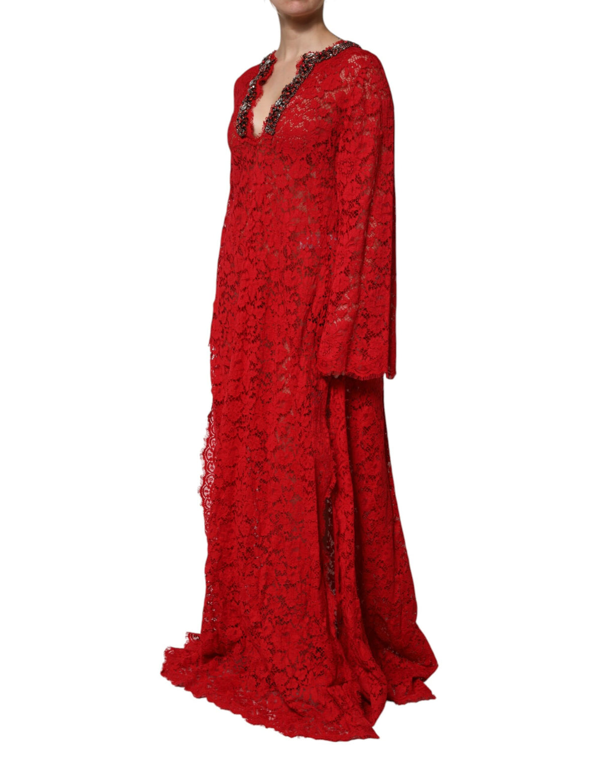Robe en Dentelle Florale Rouge avec Strass Dolce & Gabbana