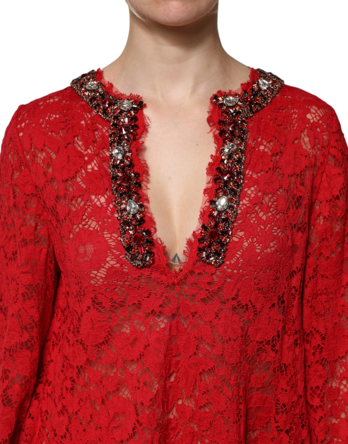 Robe en Dentelle Florale Rouge avec Strass Dolce & Gabbana