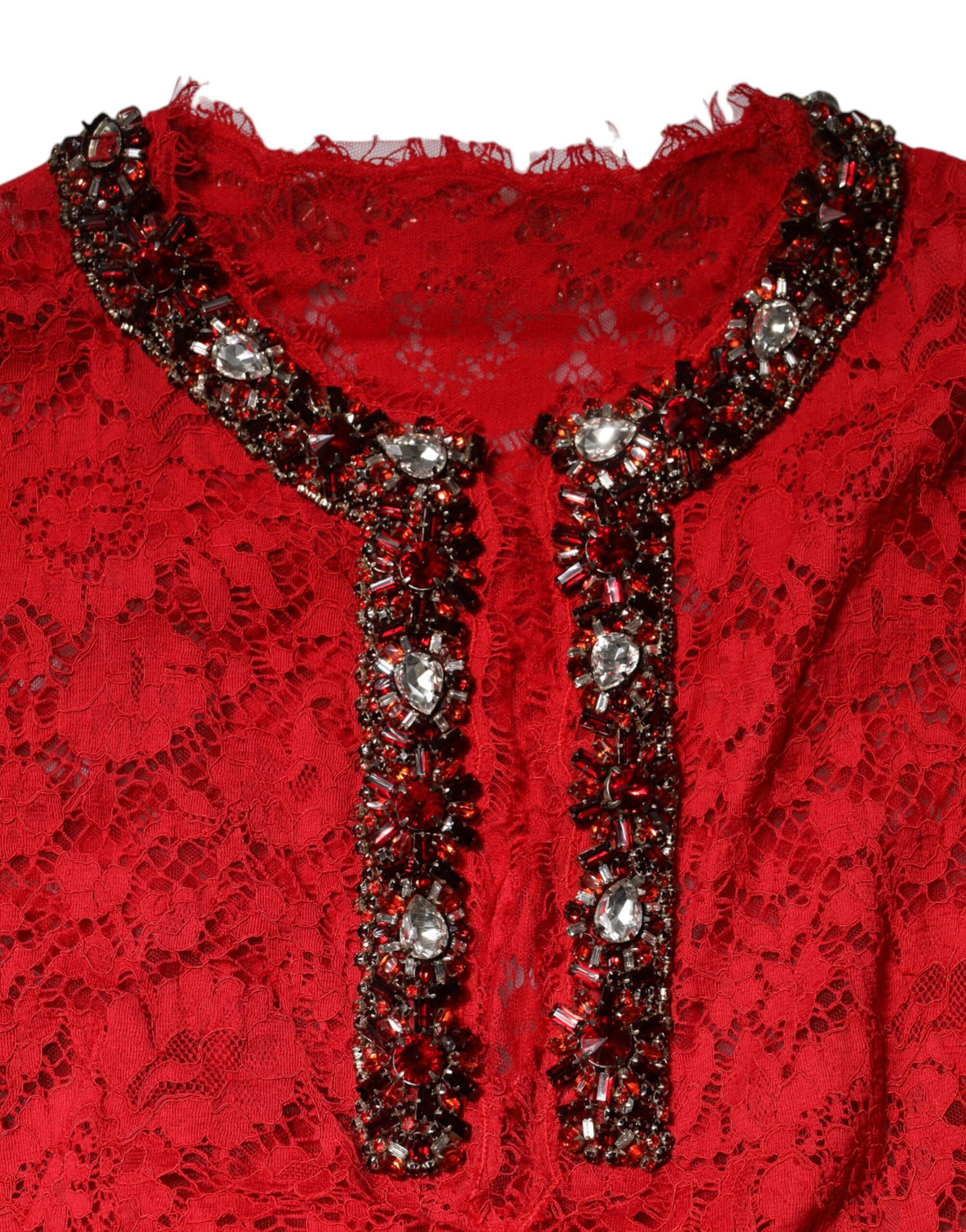 Robe en Dentelle Florale Rouge avec Strass Dolce & Gabbana