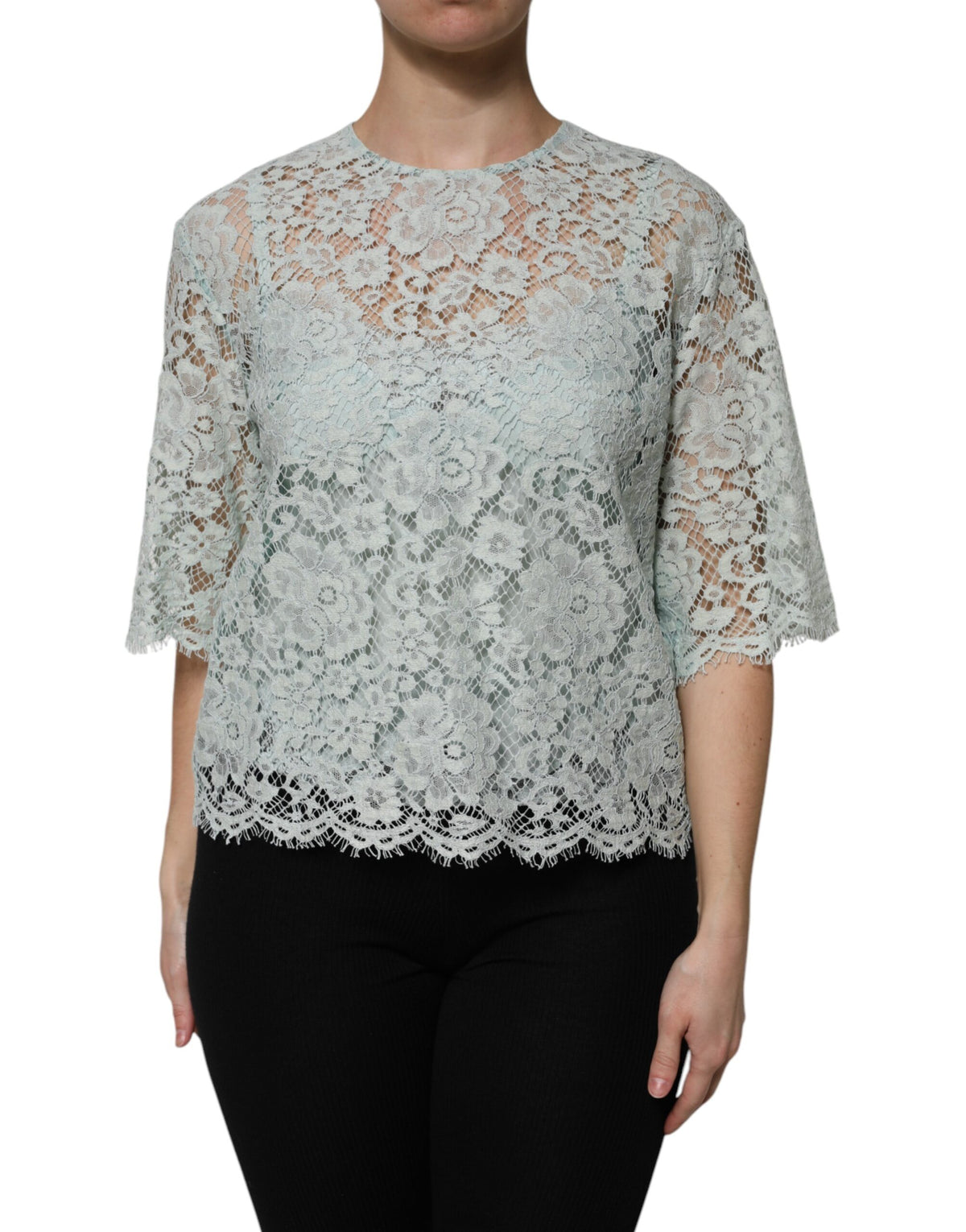 Dolce & Gabbana Blouse Top en Dentelle Florale Verte Menthe