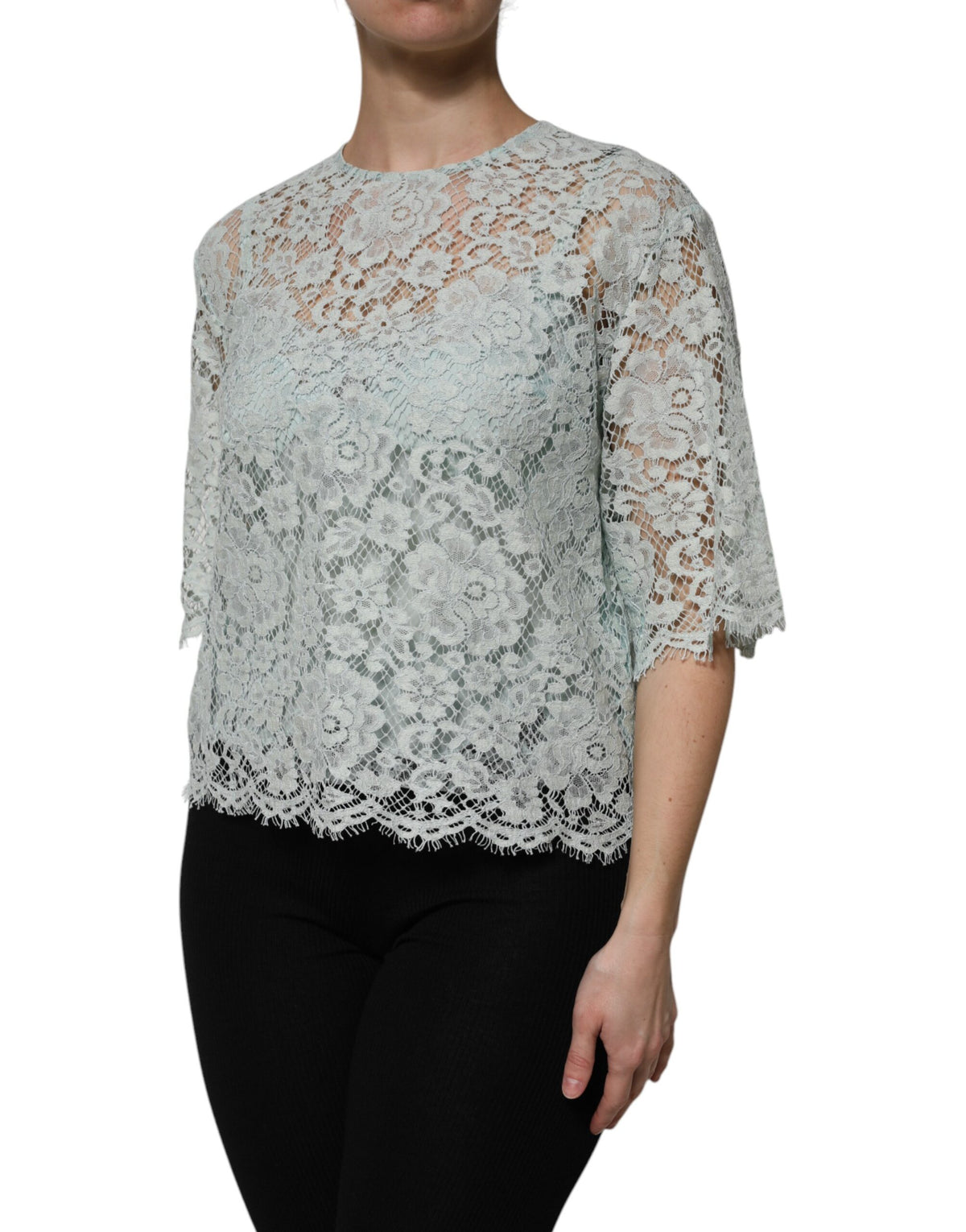 Dolce & Gabbana Blouse Top en Dentelle Florale Verte Menthe