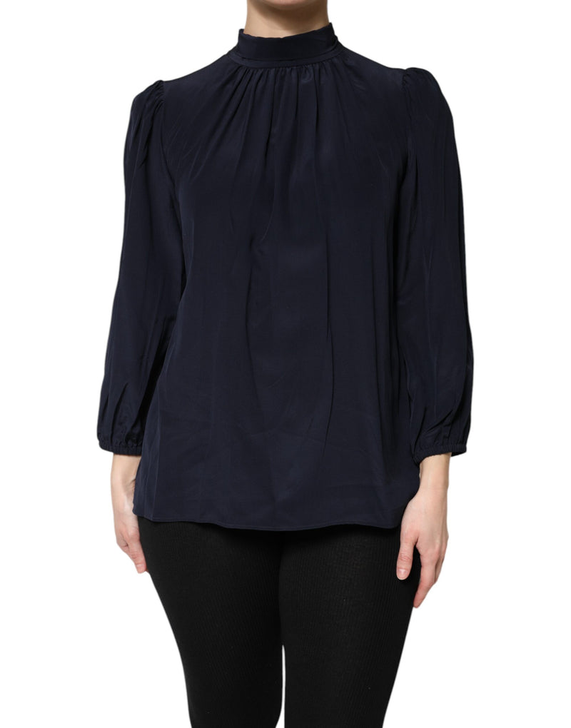 Dolce & Gabbana Blouse en Soie Bleue à Col Montant et Manches Longues