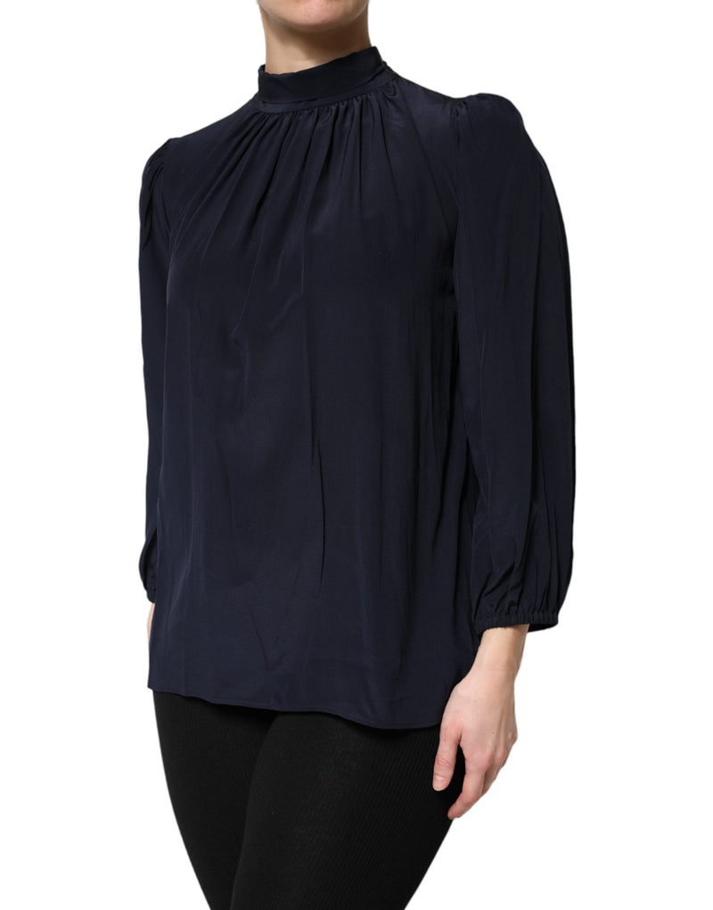 Dolce & Gabbana Blouse en Soie Bleue à Col Montant et Manches Longues