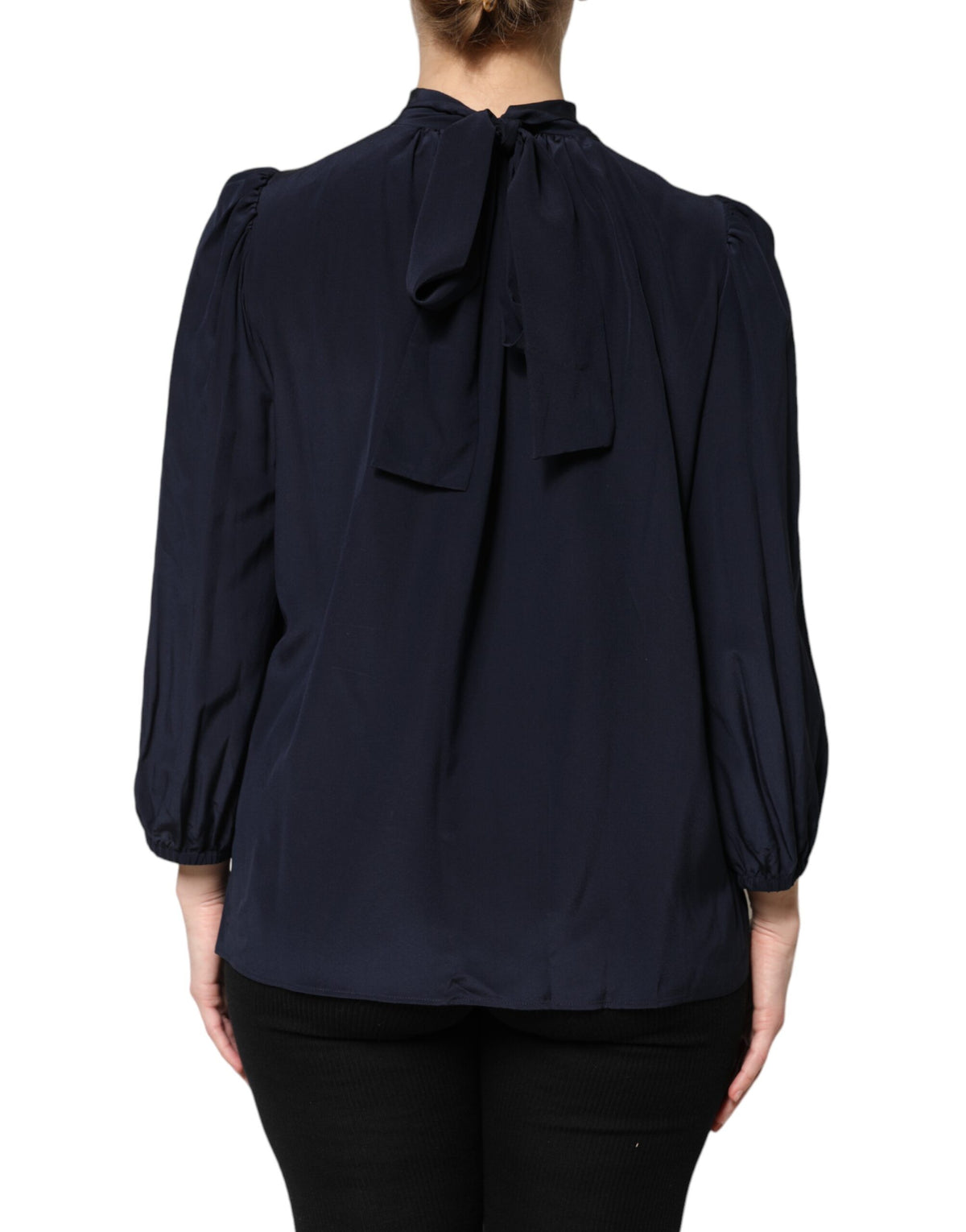 Dolce & Gabbana Blouse en Soie Bleue à Col Montant et Manches Longues