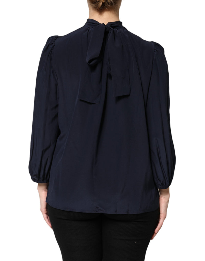 Dolce & Gabbana Blouse en Soie Bleue à Col Montant et Manches Longues