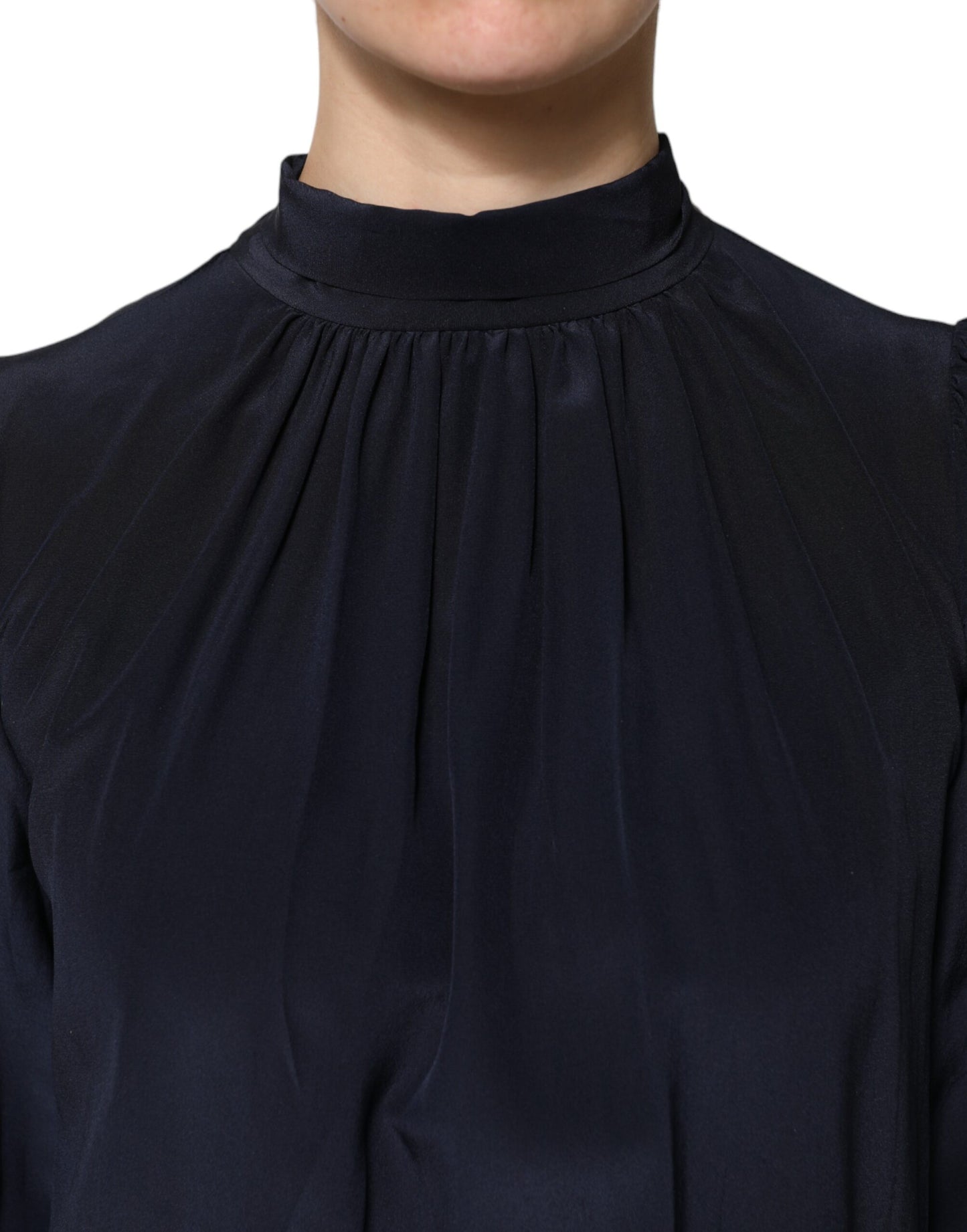 Dolce & Gabbana Blue Silk Mock Neck Long Sleeves Blouse Top
