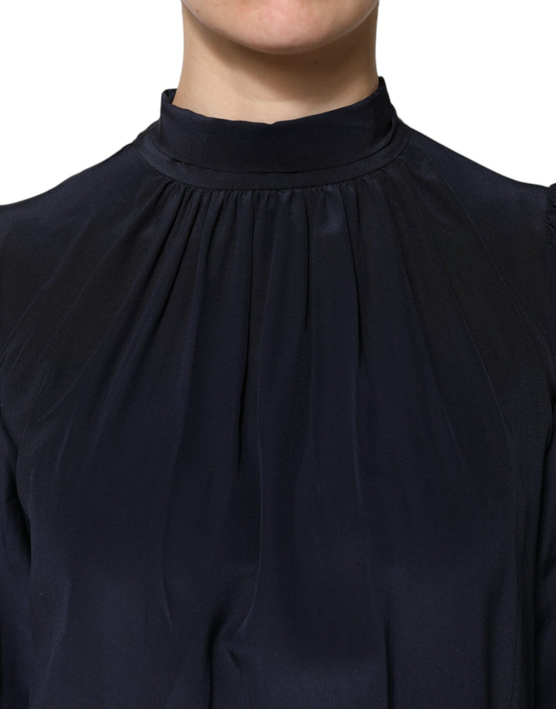 Dolce & Gabbana Blouse en Soie Bleue à Col Montant et Manches Longues