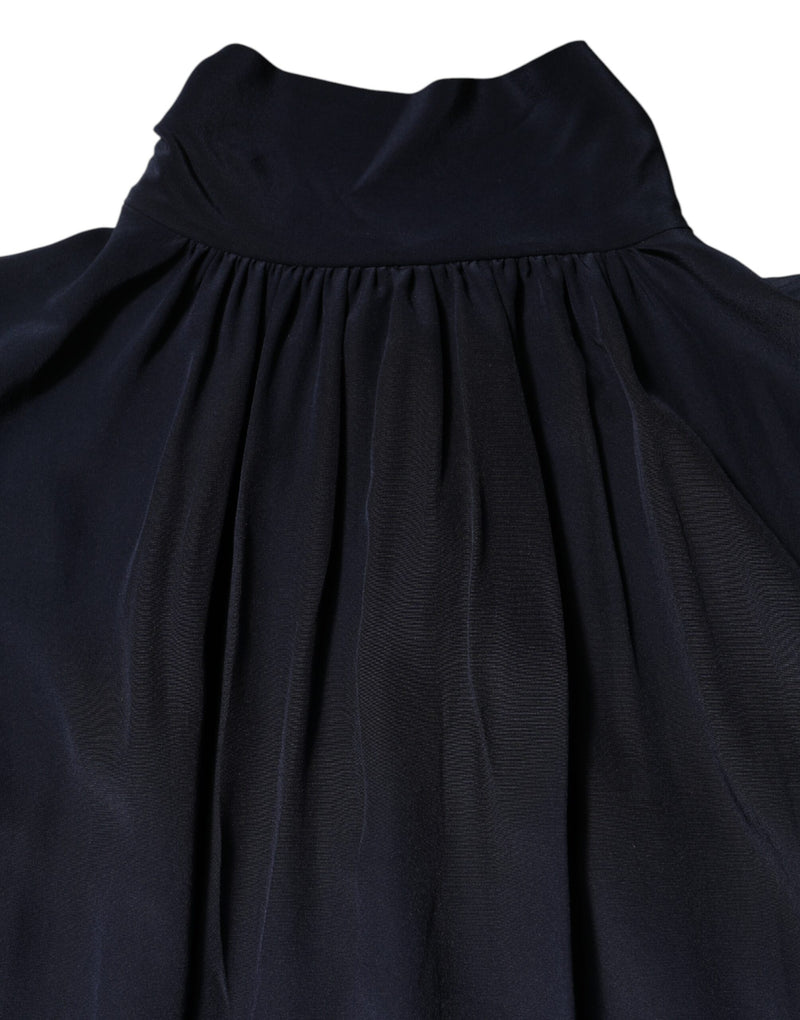 Dolce & Gabbana Blouse en Soie Bleue à Col Montant et Manches Longues