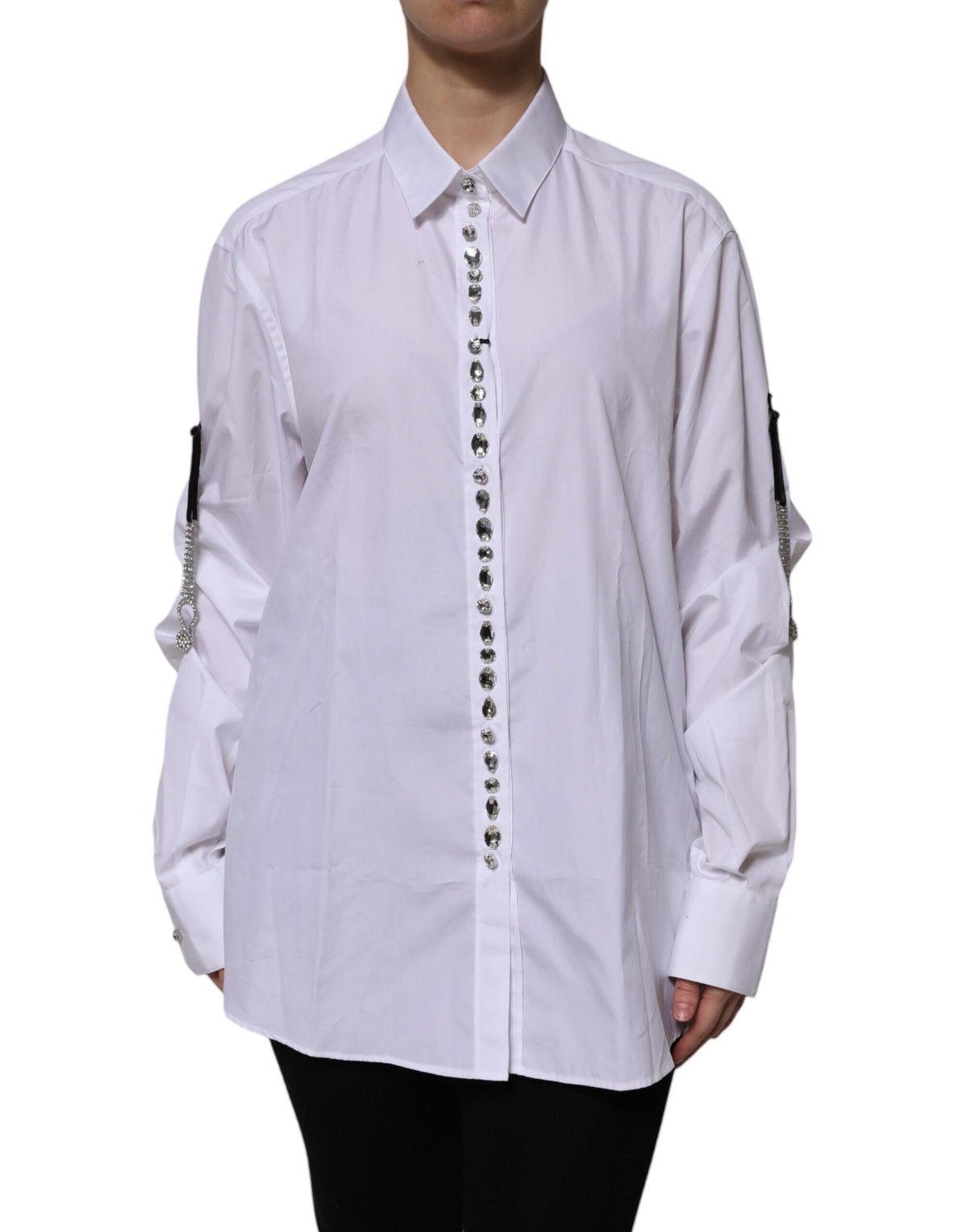 Dolce & Gabbana White Rhinestone Embellished Long Sleeve Top