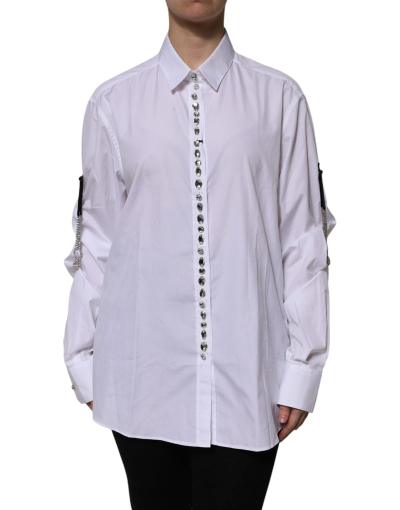 Dolce & Gabbana White Rhinestone Embellished Long Sleeve Top