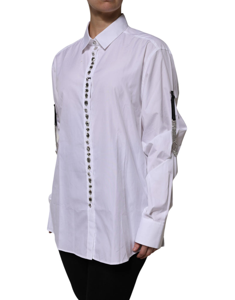 Dolce & Gabbana White Rhinestone Embellished Long Sleeve Top