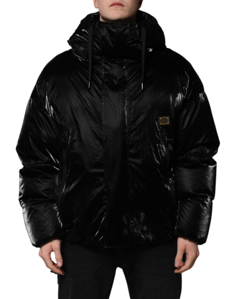 Veste matelassée à capuche zippée noire avec logo Dolce & Gabbana