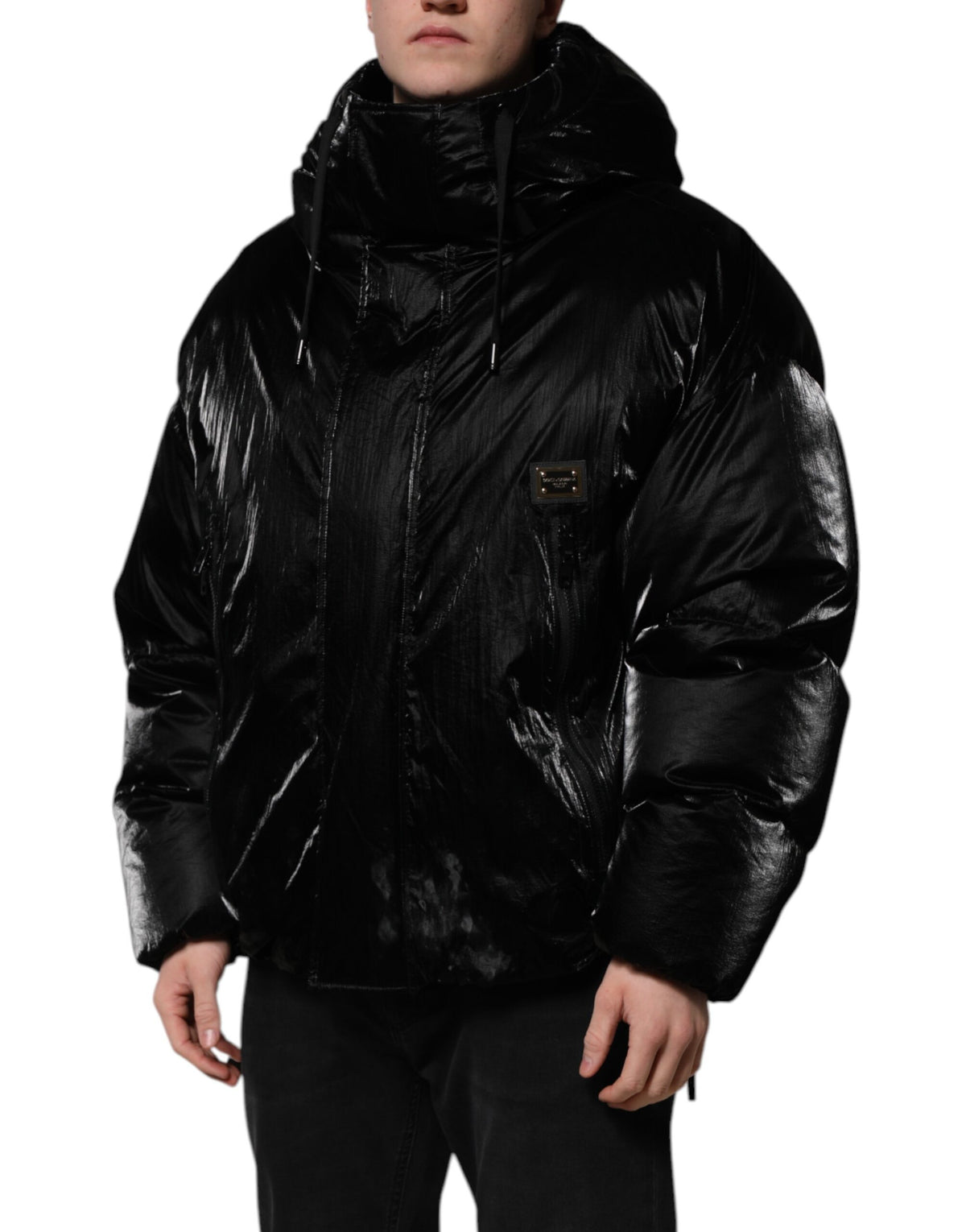 Veste matelassée à capuche zippée noire avec logo Dolce & Gabbana