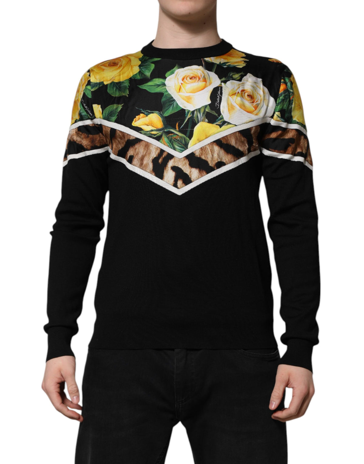 Pull en soie noir à col rond avec motifs floraux de Dolce &amp; Gabbana