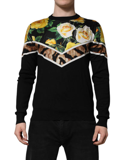 Dolce & Gabbana Black Silk Floral Crew Neck Pullover Sweater