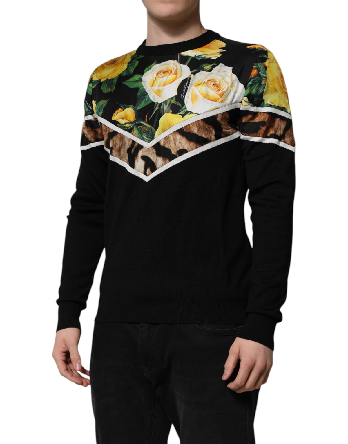 Pull en soie noir à col rond avec motifs floraux de Dolce &amp; Gabbana