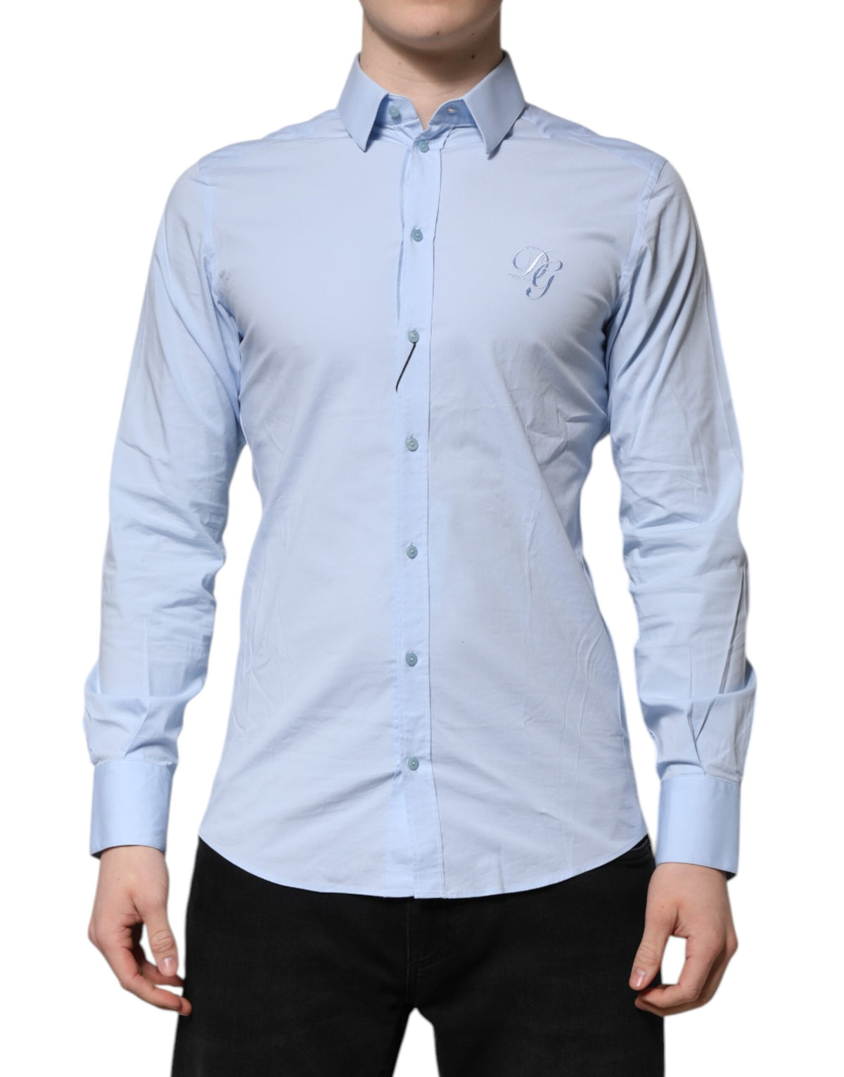 Chemise de cérémonie à manches longues en coton bleu ciel doré de Dolce &amp; Gabbana