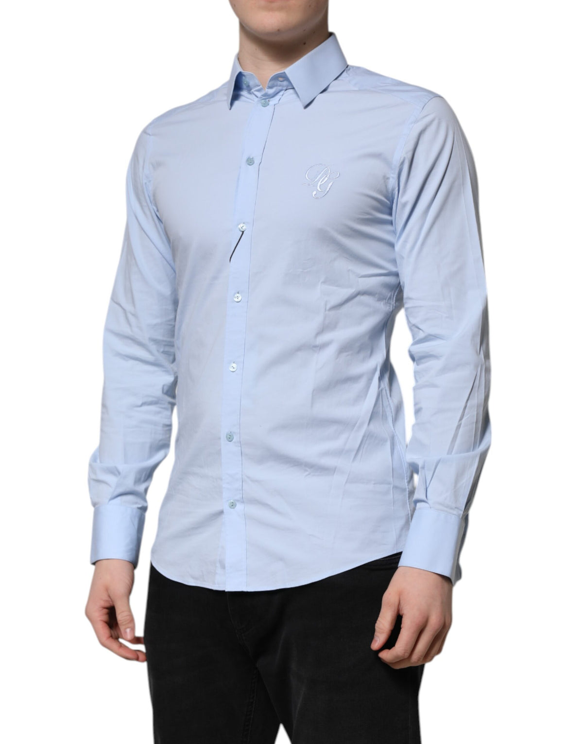 Chemise de cérémonie à manches longues en coton bleu ciel doré de Dolce &amp; Gabbana