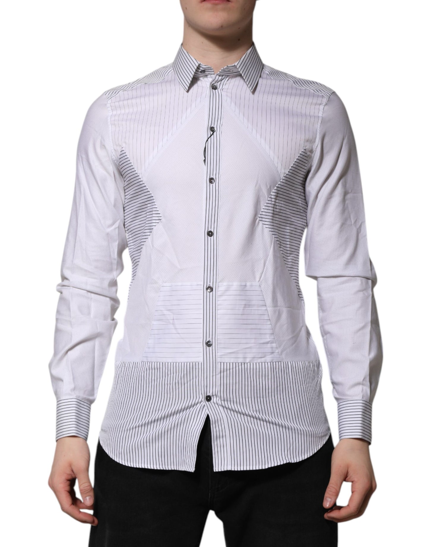 Dolce &amp; Gabbana wit gestreept goudkleurig overhemd met lange mouwen