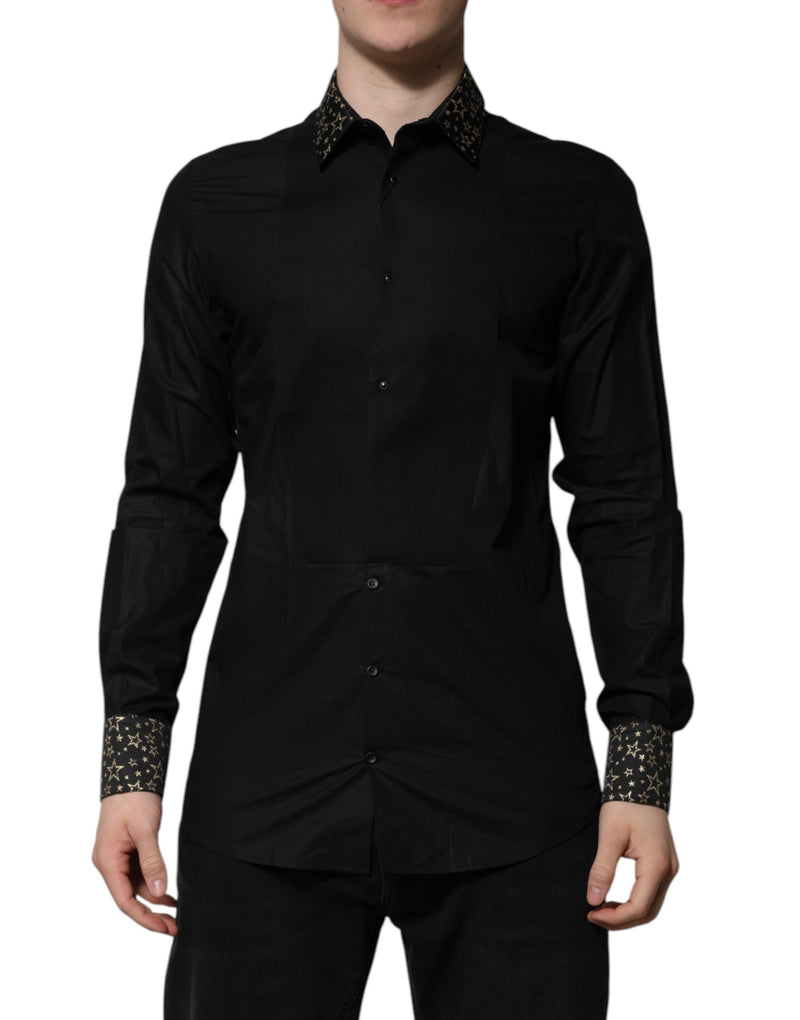 Chemise robe à manches longues en coton noir avec détail doré de Dolce &amp; Gabbana