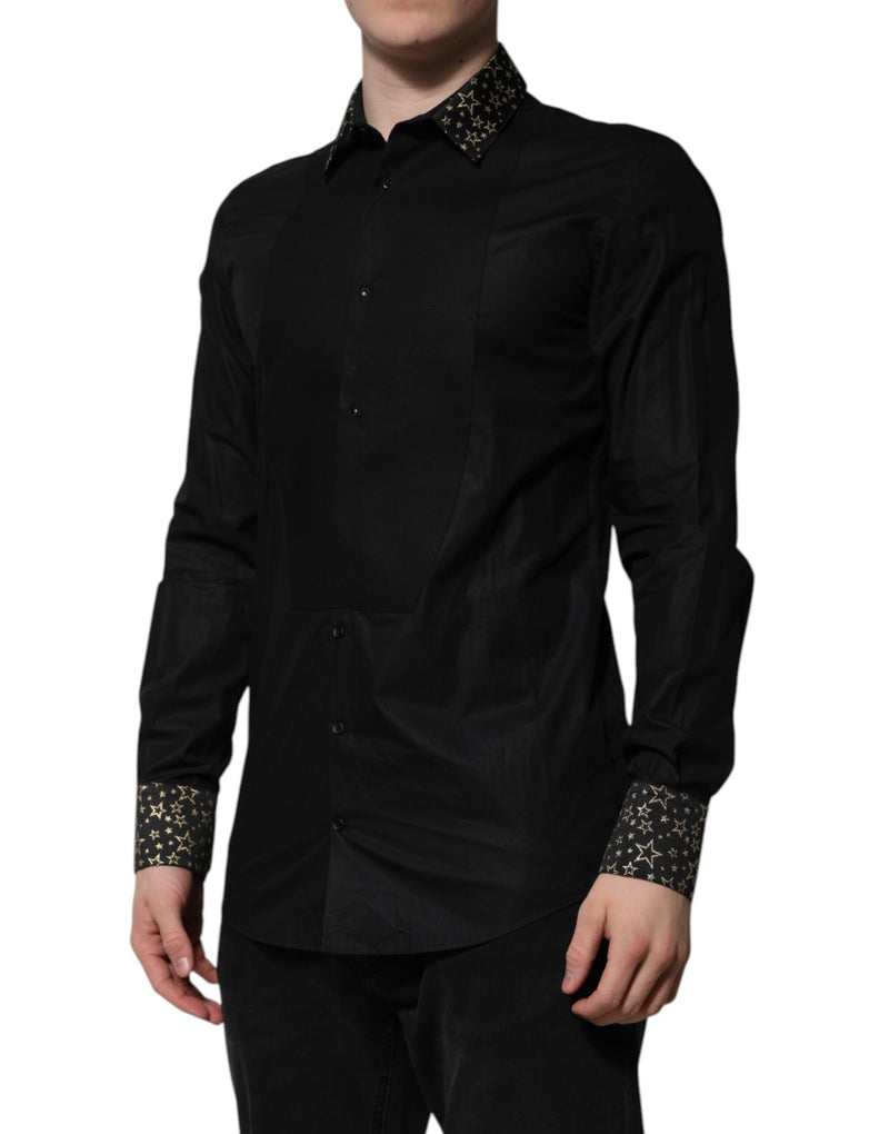 Chemise robe à manches longues en coton noir avec détail doré de Dolce &amp; Gabbana