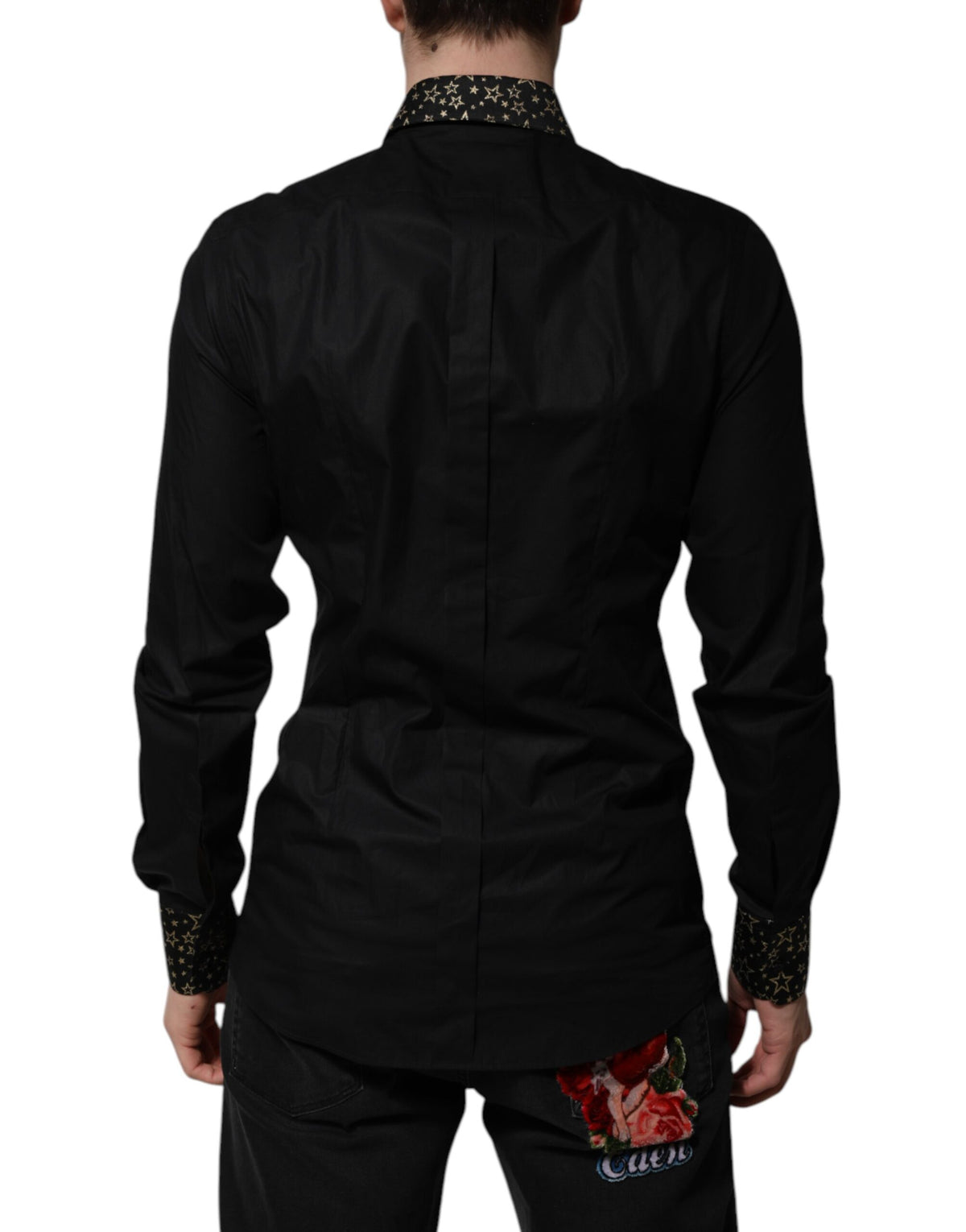 Chemise robe à manches longues en coton noir avec détail doré de Dolce &amp; Gabbana