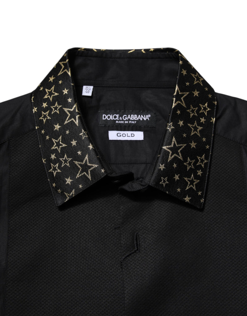 Chemise robe à manches longues en coton noir avec détail doré de Dolce &amp; Gabbana