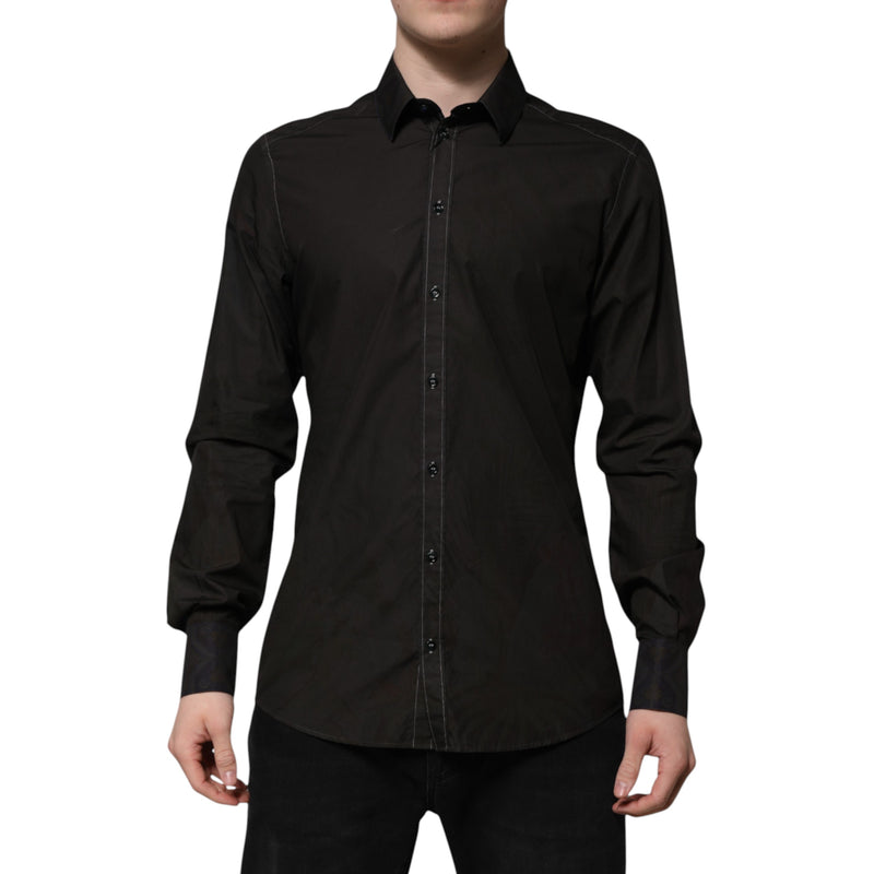 Chemise à col doré en jacquard de coton noir Dolce &amp; Gabbana