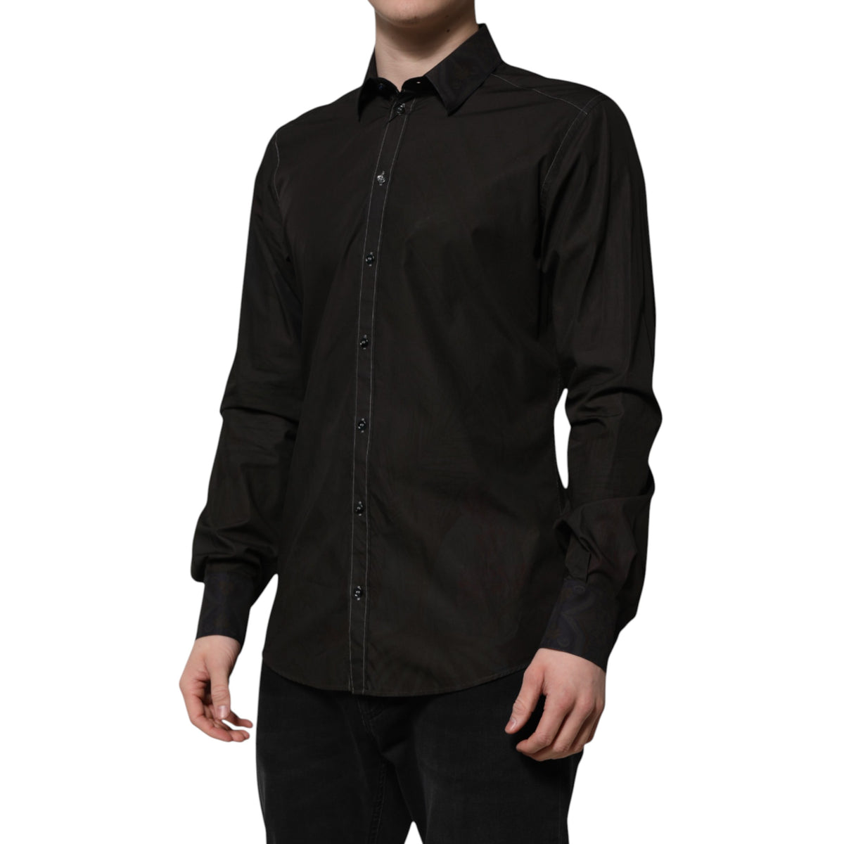 Chemise à col doré en jacquard de coton noir Dolce &amp; Gabbana