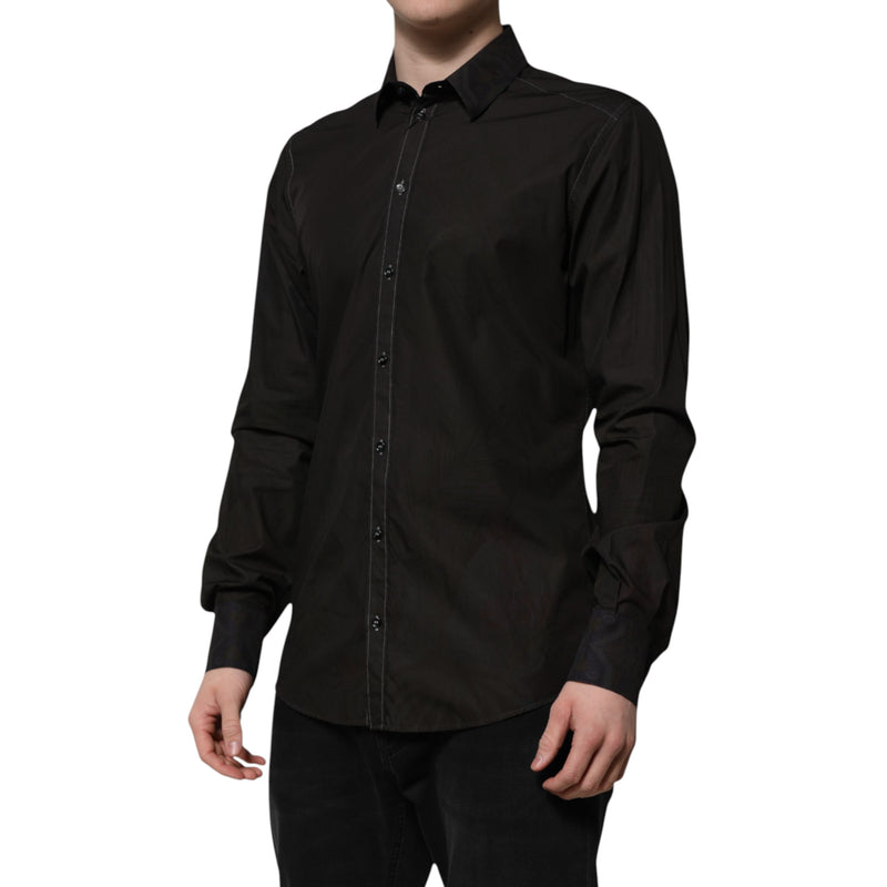 Chemise à col doré en jacquard de coton noir Dolce &amp; Gabbana