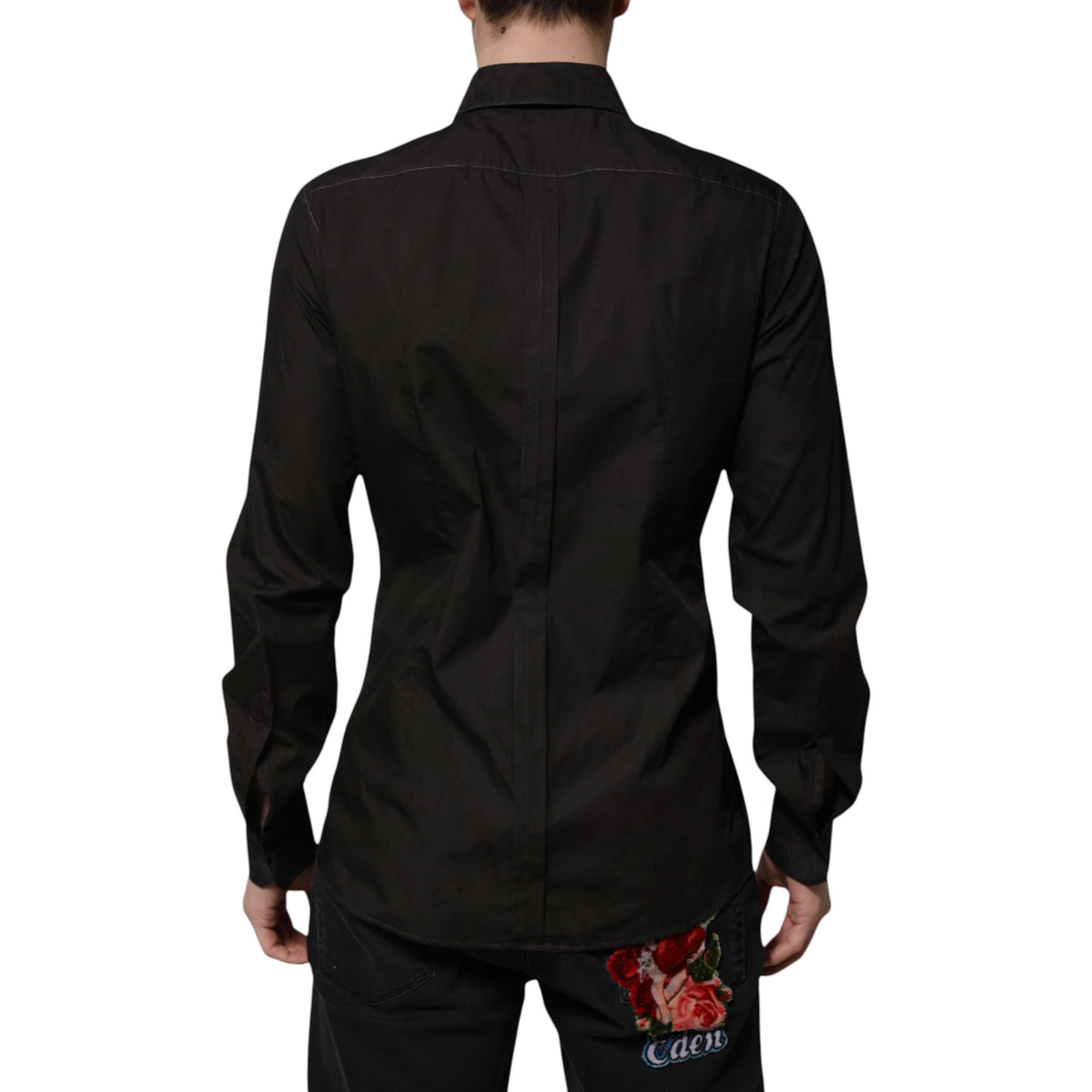 Chemise à col doré en jacquard de coton noir Dolce &amp; Gabbana