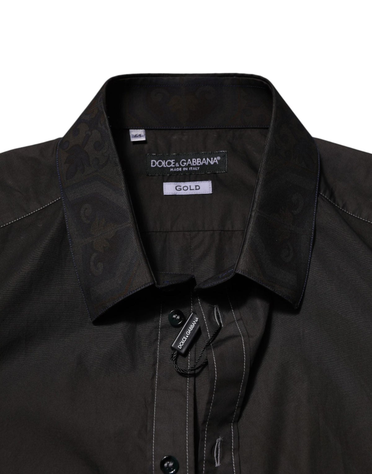 Chemise à col doré en jacquard de coton noir Dolce &amp; Gabbana