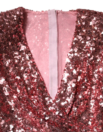 Dolce & Gabbana Pink Sequin Statement Nylon Midi V-Neck Dress