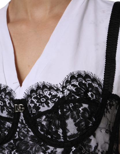 Dolce & Gabbana White Lace Cotton V-Neck Short Sleeves Top