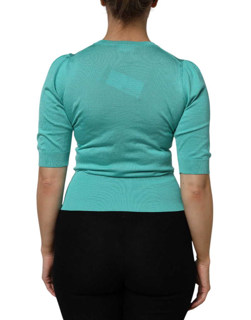 Dolce & Gabbana Aqua Blue Silk Short Sleeves Square Neck Top