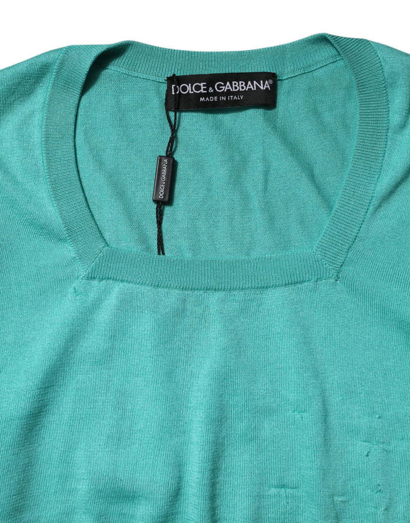 Dolce & Gabbana Aqua Blue Silk Short Sleeves Square Neck Top