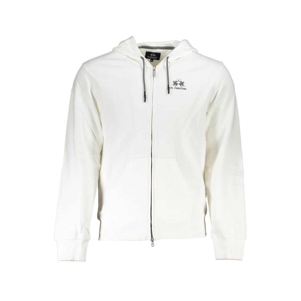 Pull en coton blanc La Martina pour homme, avec capuche et poches zippées.