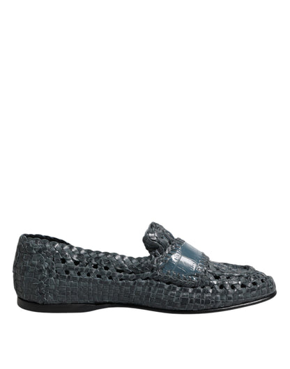 Dolce & Gabbana Blue Woven Leather Slip On Loafers Shoes