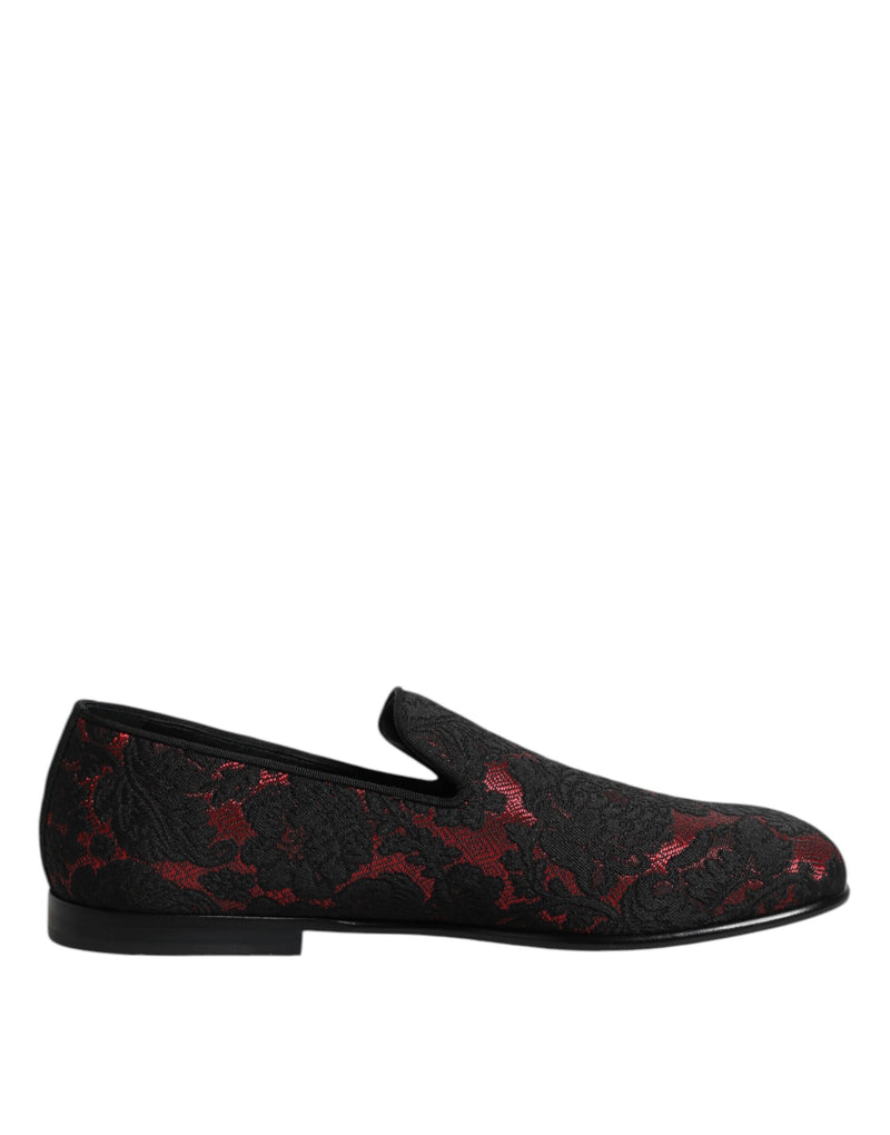 Dolce & Gabbana Red Black Jacquard Slip On Loafers