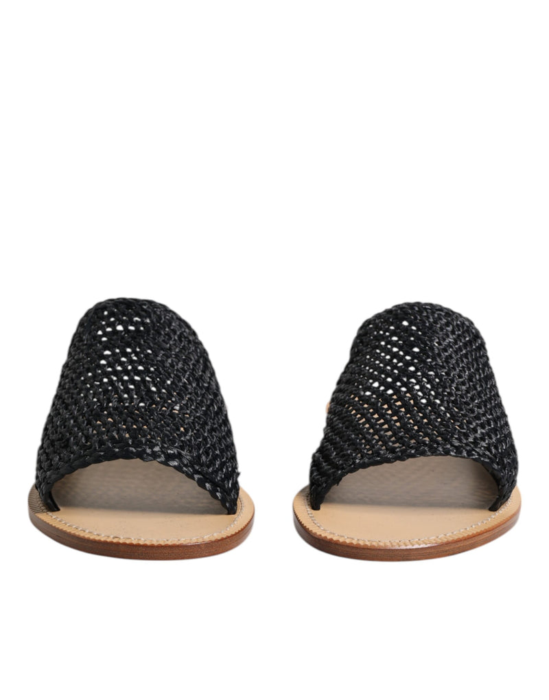 Dolce & Gabbana Black Monochrome Braided Raffia Slides