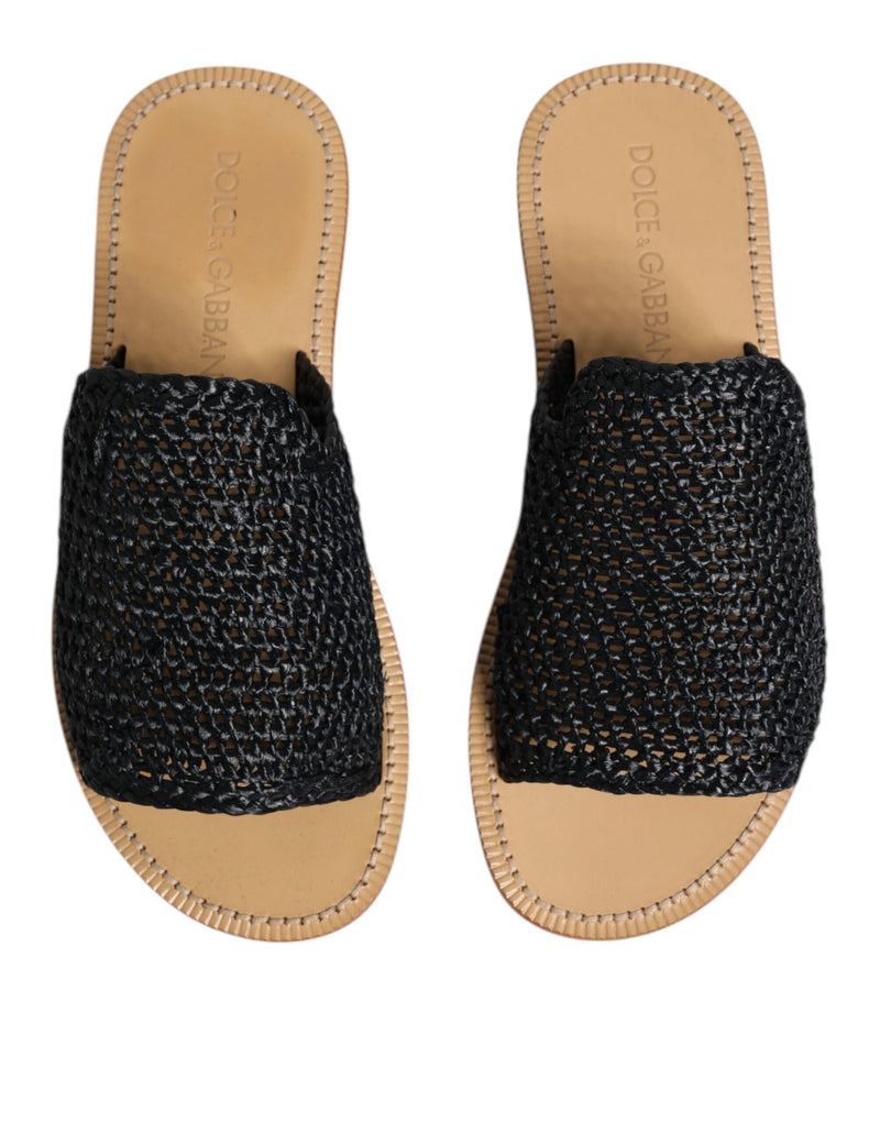 Dolce & Gabbana Black Monochrome Braided Raffia Slides