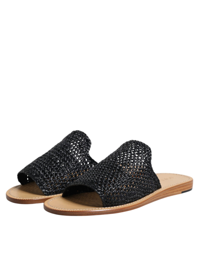 Dolce & Gabbana Black Monochrome Braided Raffia Slides