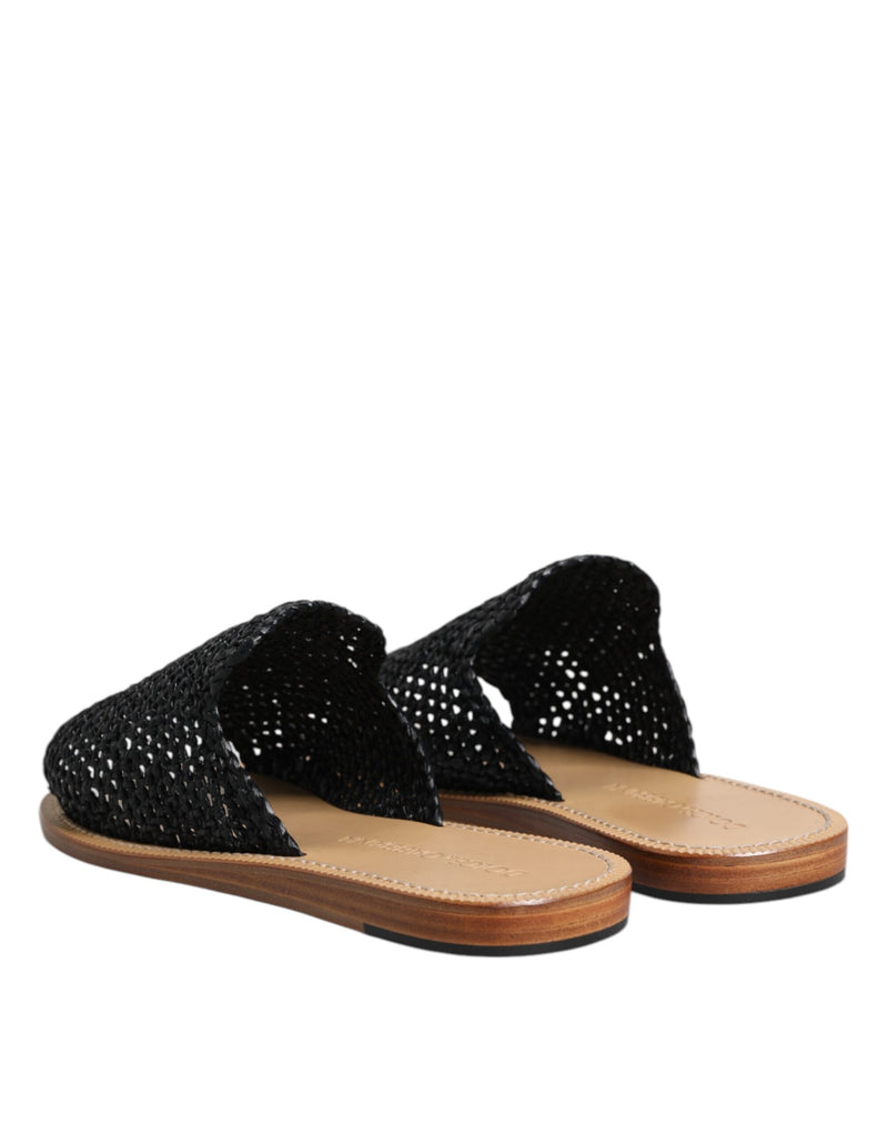 Dolce & Gabbana Black Monochrome Braided Raffia Slides