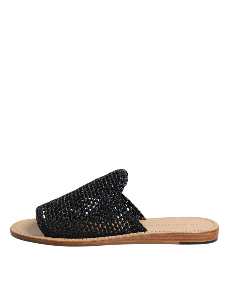 Dolce & Gabbana Black Monochrome Braided Raffia Slides