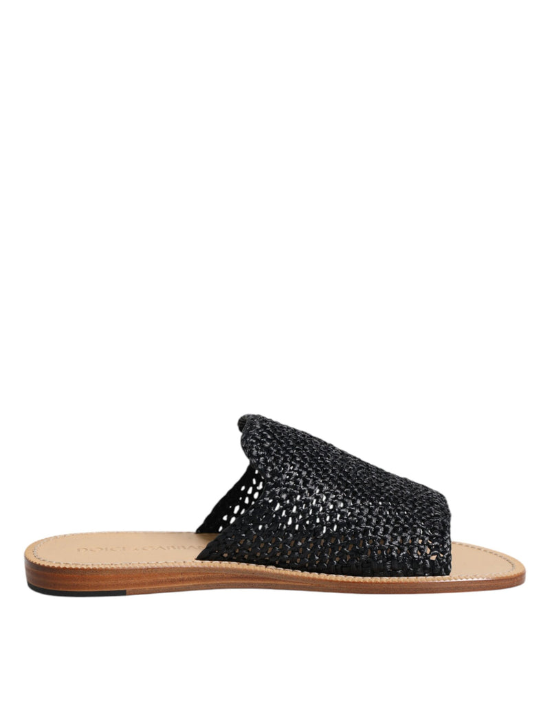 Dolce & Gabbana Black Monochrome Braided Raffia Slides