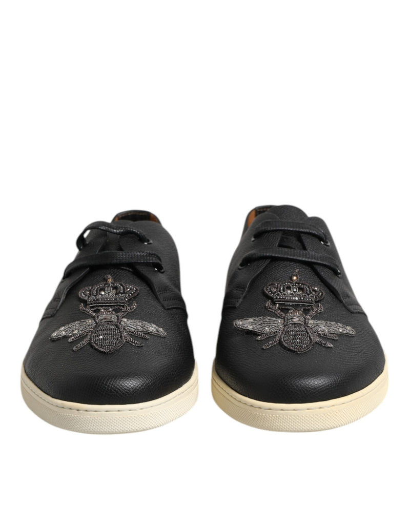 Dolce & Gabbana Black Leather Bee Crown Low Top Sneakers
