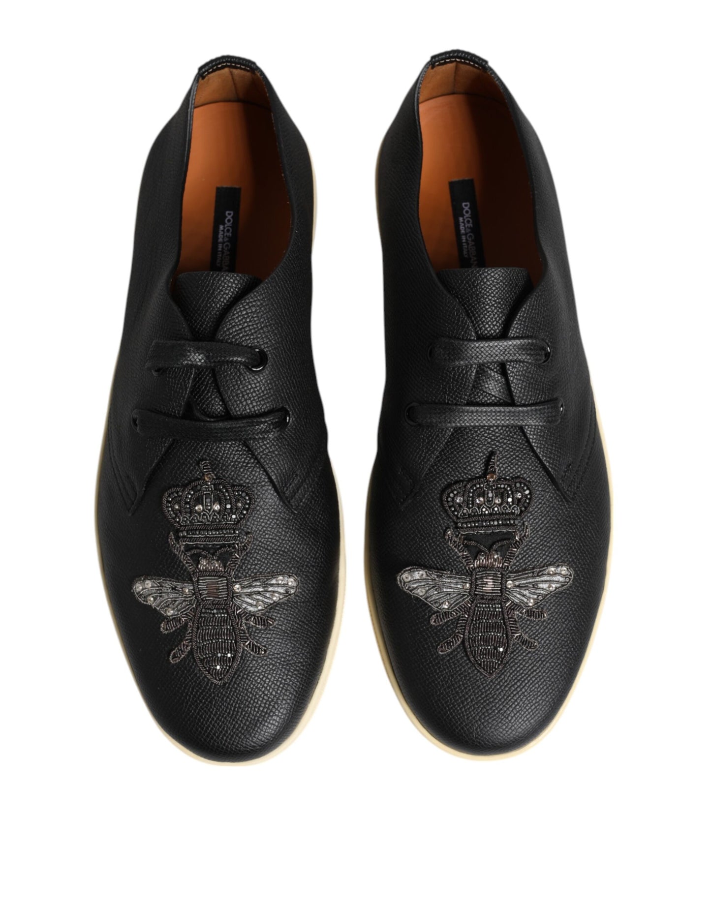 Dolce & Gabbana Black Leather Bee Crown Low Top Sneakers Shoes